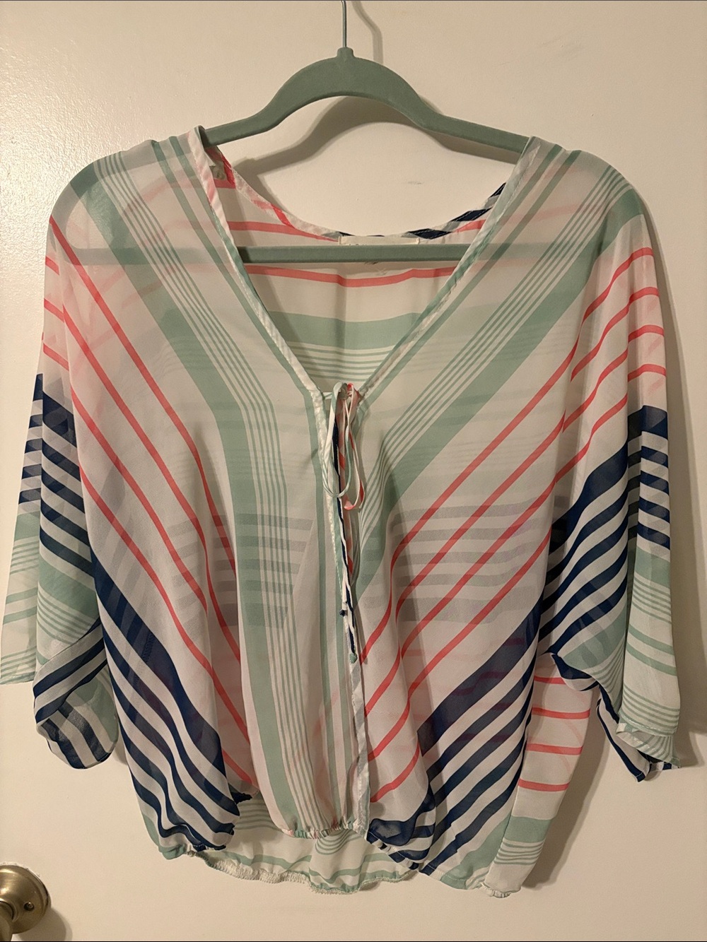 lovestitch Striped Sheer Tie-Front Blouse in Mint, Navy & Coral